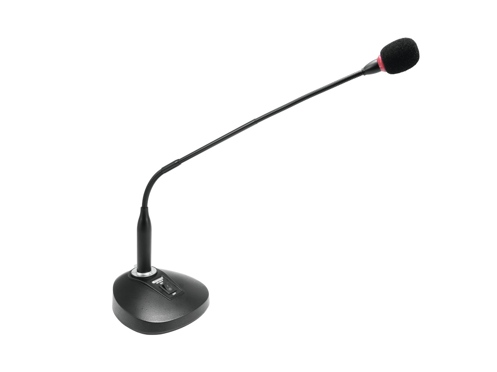 Gooseneck Microphone Guide: Optimal Positioning, Maintenance, and Sound Tips 3 A black desktop gooseneck microphone with an adjustable stand and control buttons, illustrating optimal positioning for recording, for an article on sound tips. Un micrófono de escritorio negro de cuello de cisne con un soporte ajustable y botones de control, ilustrando la posición óptima para la grabación, para un artículo sobre consejos de sonido.
