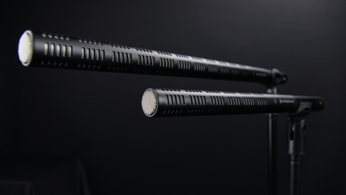 Two professional shotgun microphones on a stand, optimized for capturing superior audio quality, perfect visual for mastering shotgun microphones.