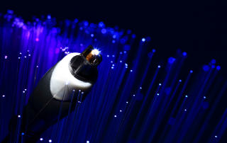 Guía Definitiva para Elegir y Mantener Cables Toslink 3 Close-up of a Toslink optical audio cable emitting vibrant blue light rays, illustrating the concept of high-quality digital audio transmission for the article ‘Ultimate Guide to Choosing & Maintaining Toslink Cables’.
