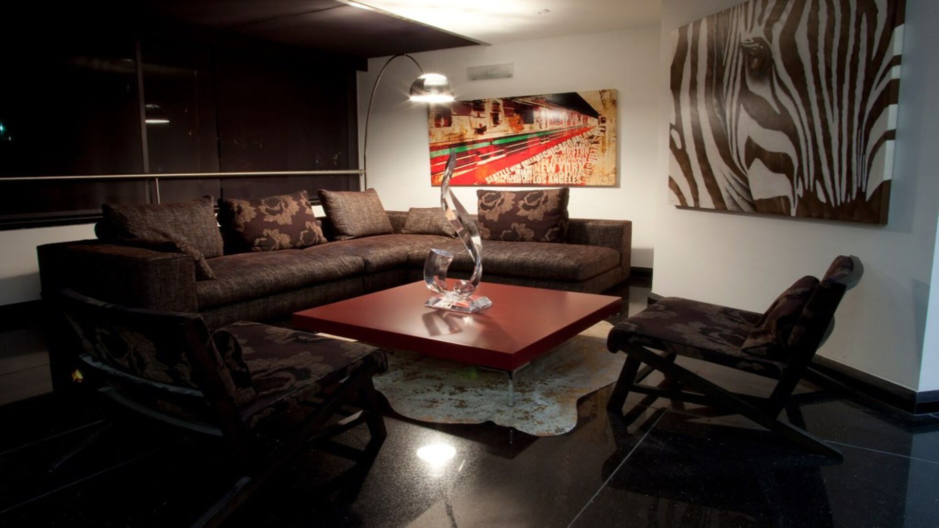 living room with illuminated sculpture